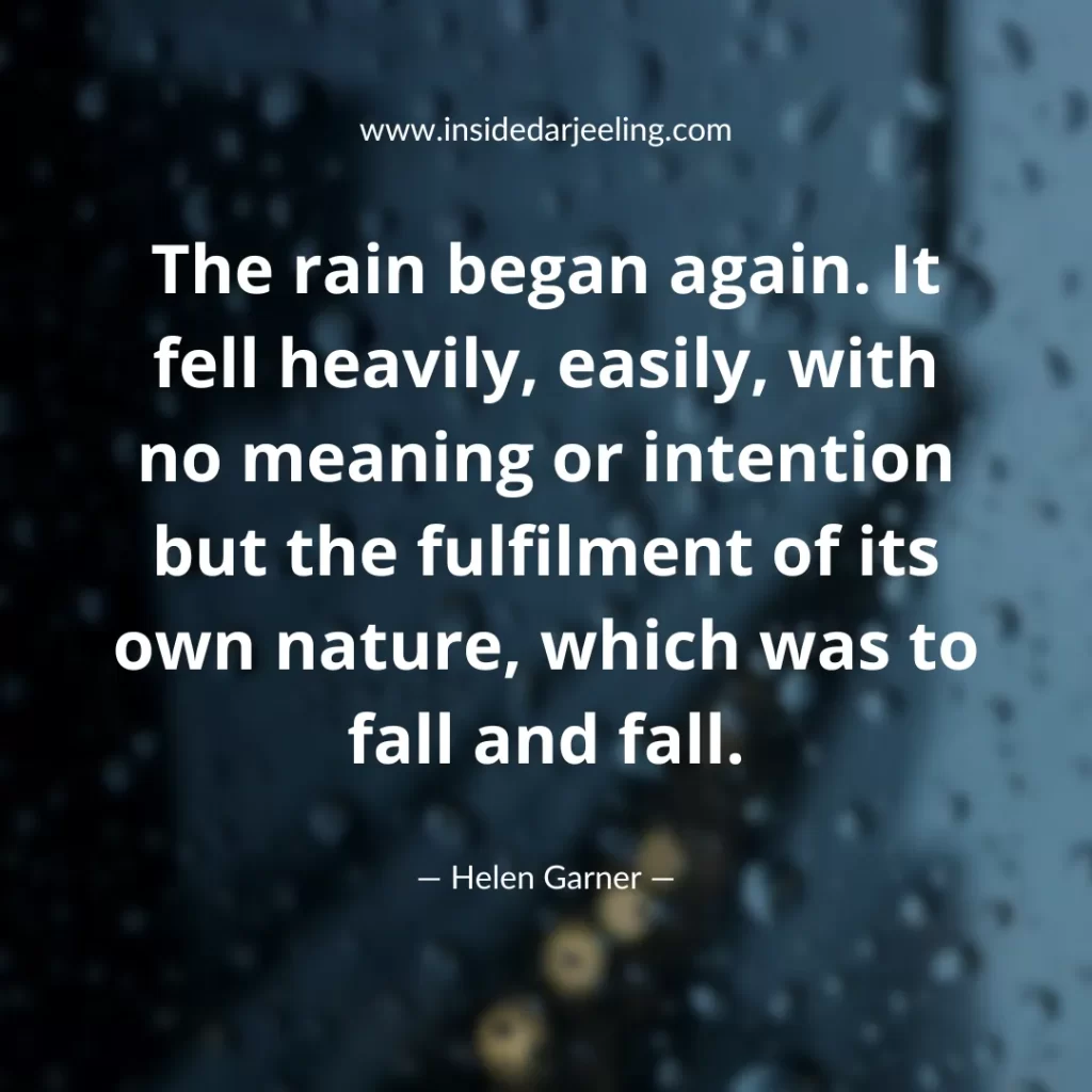 The rain began again. It fell heavily, easily, with no meaning or intention but the fulfilment of its own nature, which was to fall and fall.
